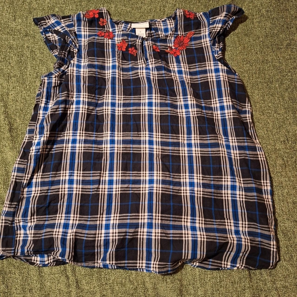 Liz Claiborne Plaid Blouse With Red Floral Embroidery